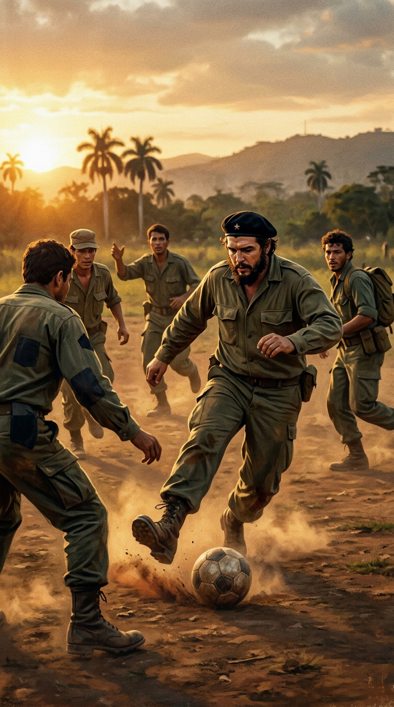 Guerrilleros jugando al fútbol al atardecer: la revolución también se jugaba con balón